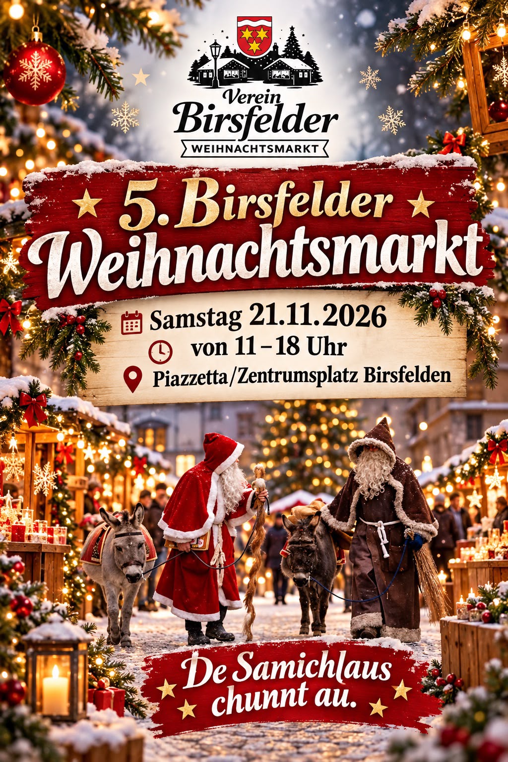 Marktflyer: 5. Birsfelder Weihnachtsmarkt, Samstag, 21.11.2026, 11–18 Uhr, Piazzetta / Zentrumsplatz Birsfelden. Der Samichlaus kommt auch.
